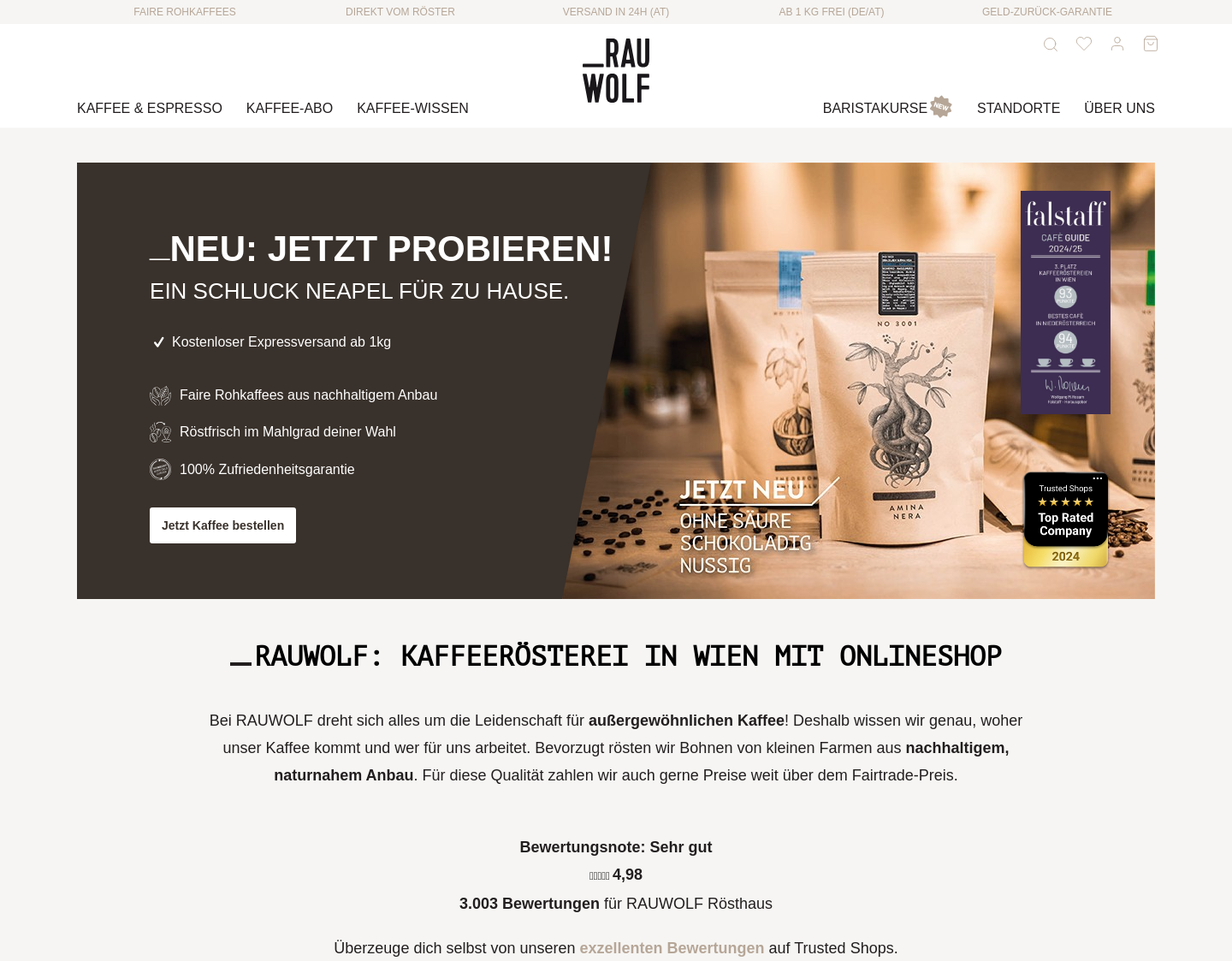 Aktuelle Website-Vorschau von RAUWOLF - Kaffee aus Wien mit Leidenschaft