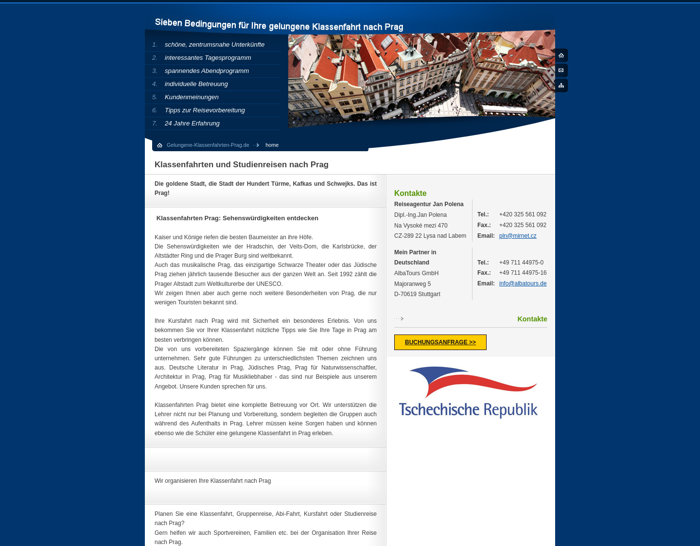 Aktuelle Website-Vorschau von Unterkünfte für die Prag Klassenfahrt