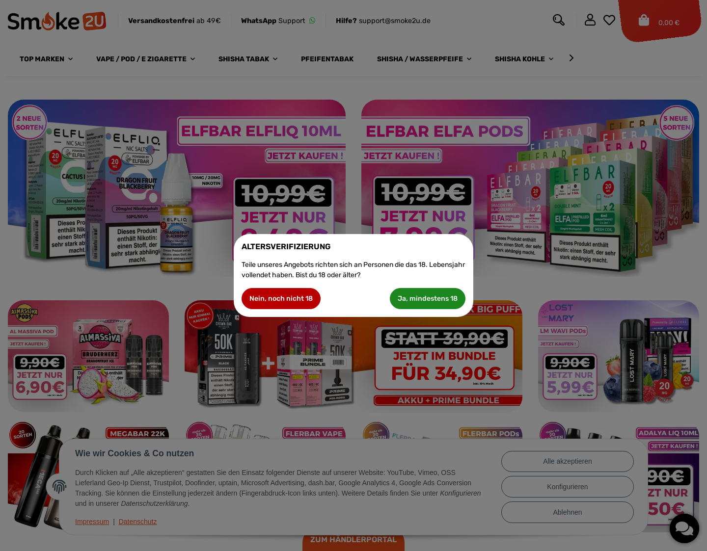 Aktuelle Website-Vorschau von Smoke2u - Alles rund um Shisha und Co.