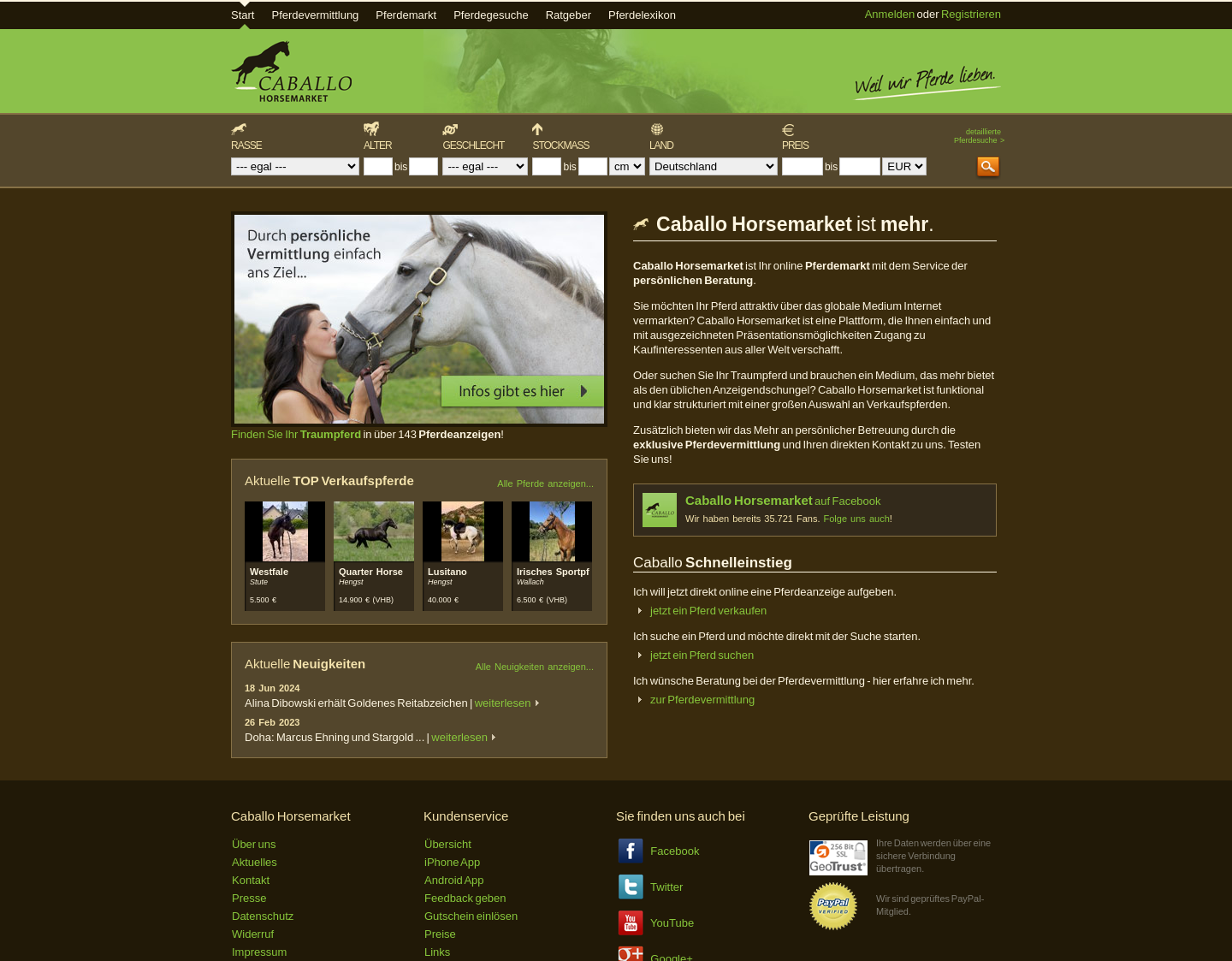 Aktuelle Website-Vorschau von Caballo Horsemarket - Pferde kaufen