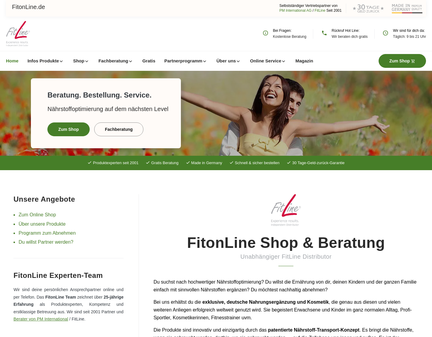 Aktuelle Website-Vorschau von Sport Nahrungsergänzung FitLine bei Fitonline