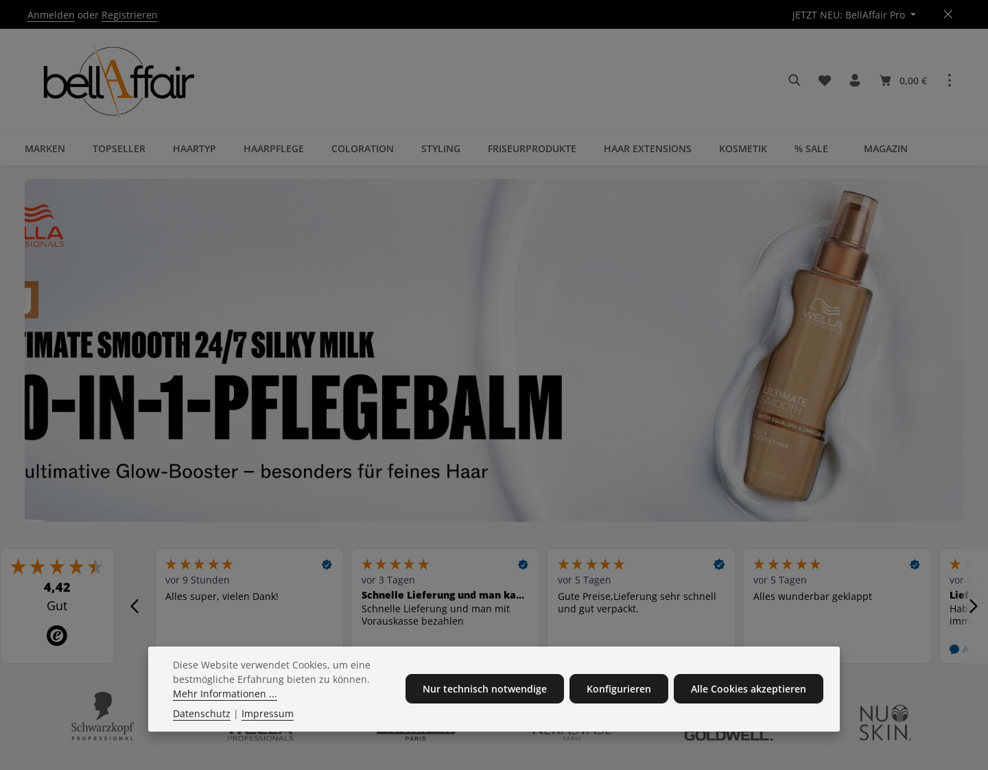 Aktuelle Website-Vorschau von BellAffair - Online-Shop für Friseurbedarf