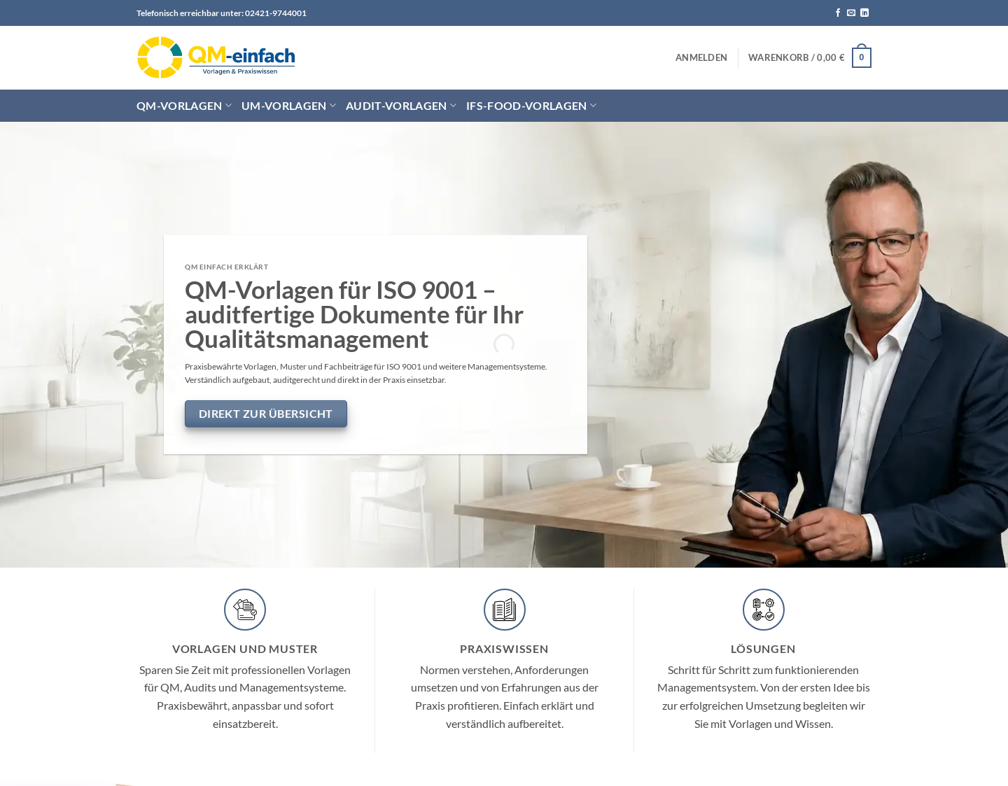 Aktuelle Website-Vorschau von QM-Einfach - Vorlagen für Managementsysteme