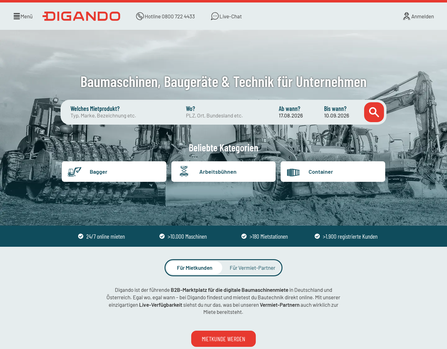 Aktuelle Website-Vorschau von Digando