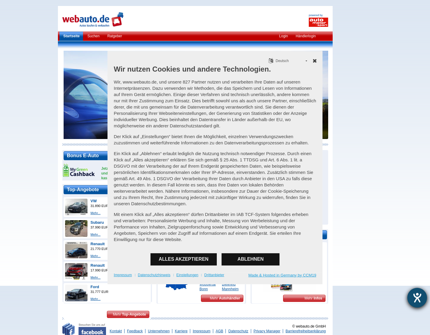 Aktuelle Website-Vorschau von Gebrauchtwagen und Neuwagen-Automarkt