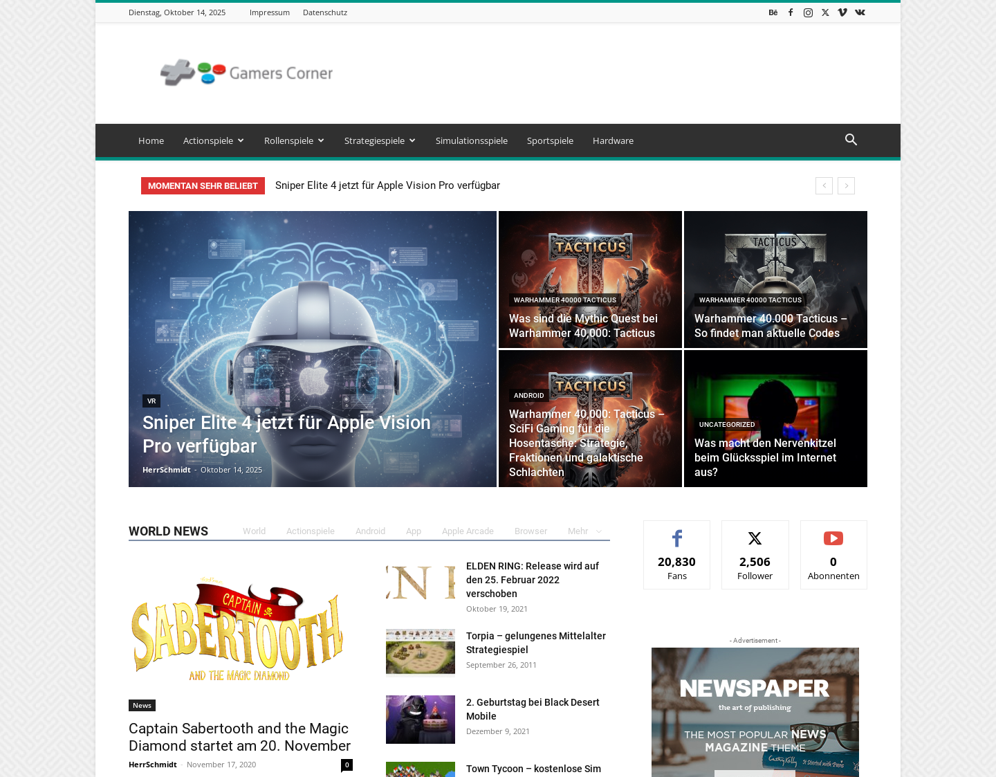 Aktuelle Website-Vorschau von Gamers Corner
