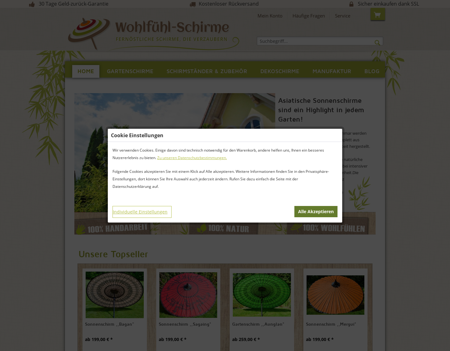 Aktuelle Website-Vorschau von Wohlfühl-Schirme - Asiatische Gartenschirme