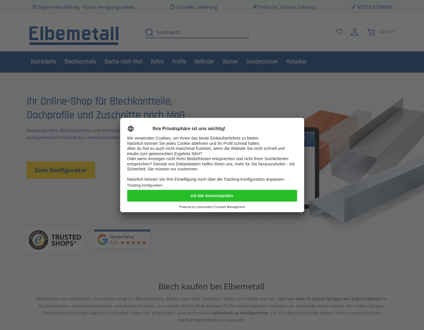 Aktuelle Website-Vorschau von Elbemetall - Hochwertiges Zinkblech