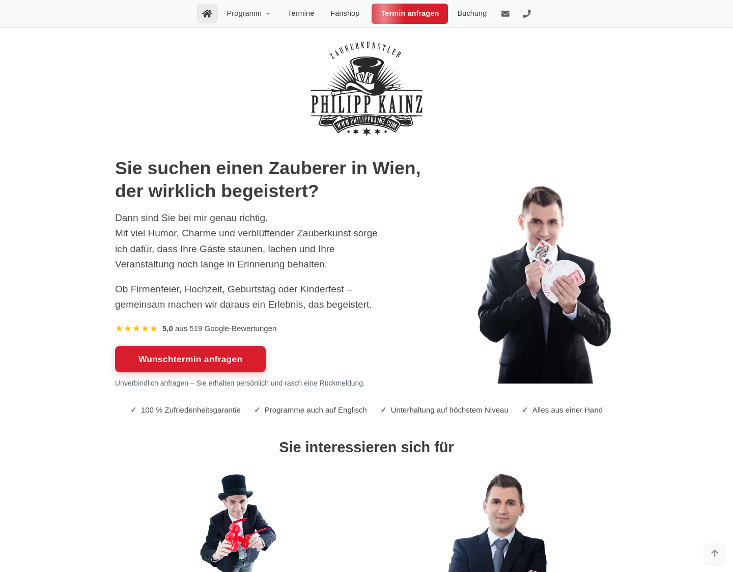 Aktuelle Website-Vorschau von Zauberer Philipp Kainz