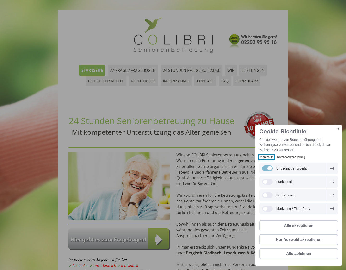 Aktuelle Website-Vorschau von COLIBRI Seniorenbetreuung GmbH