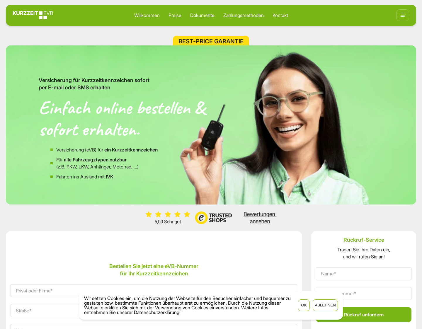 Aktuelle Website-Vorschau von Kurzzeitkennzeichen