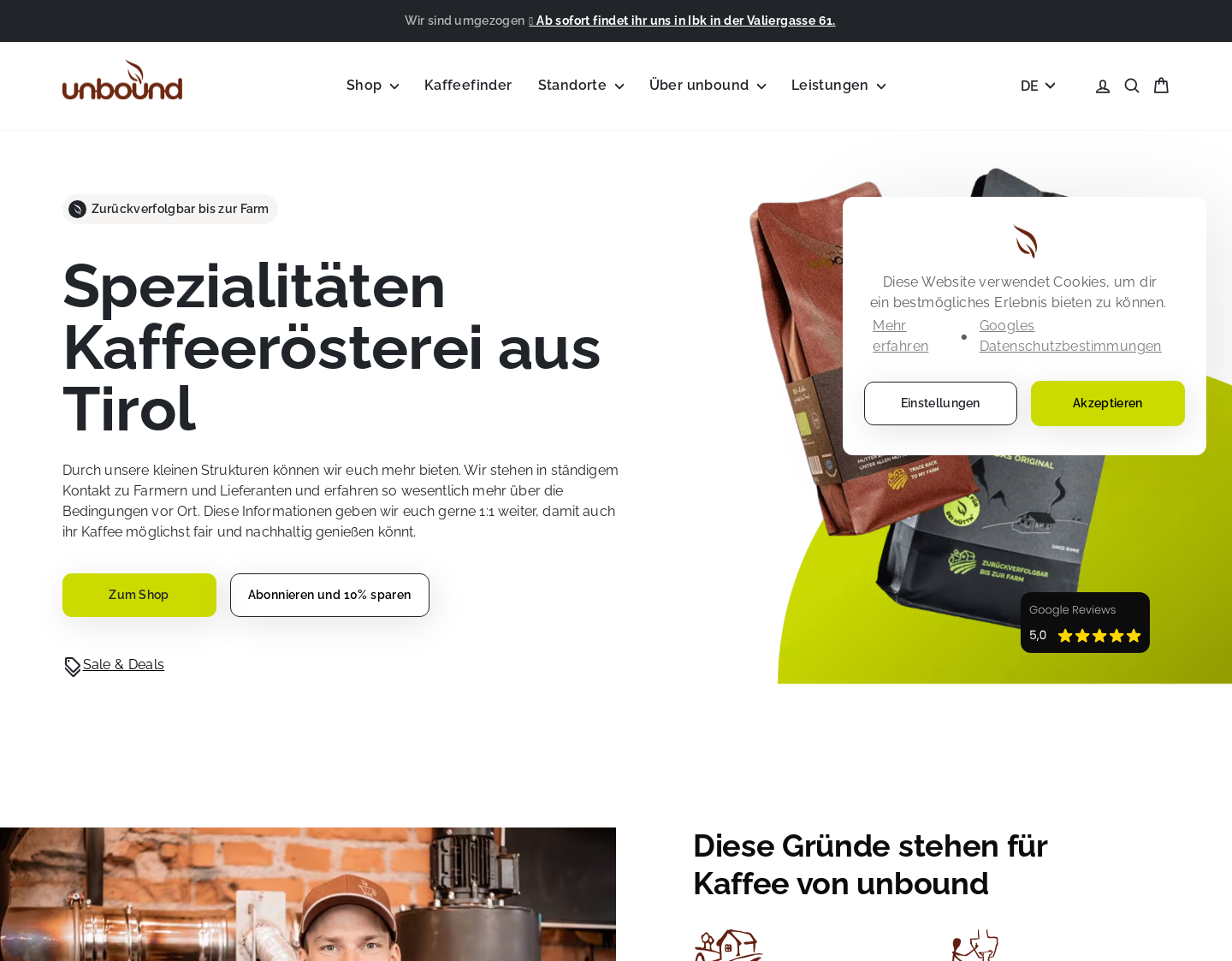 Aktuelle Website-Vorschau von unbound coffee roasters