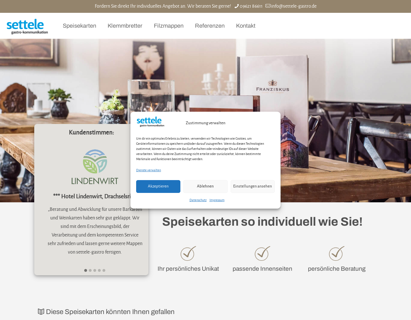Aktuelle Website-Vorschau von Settele Gastro - Speisekarten & Klemmbretter